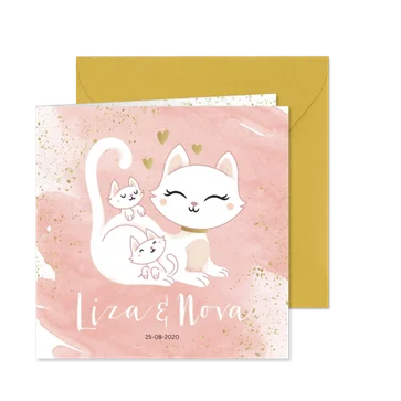 Geboortekaartje tweeling meisjes poesje kat kitten waterverf